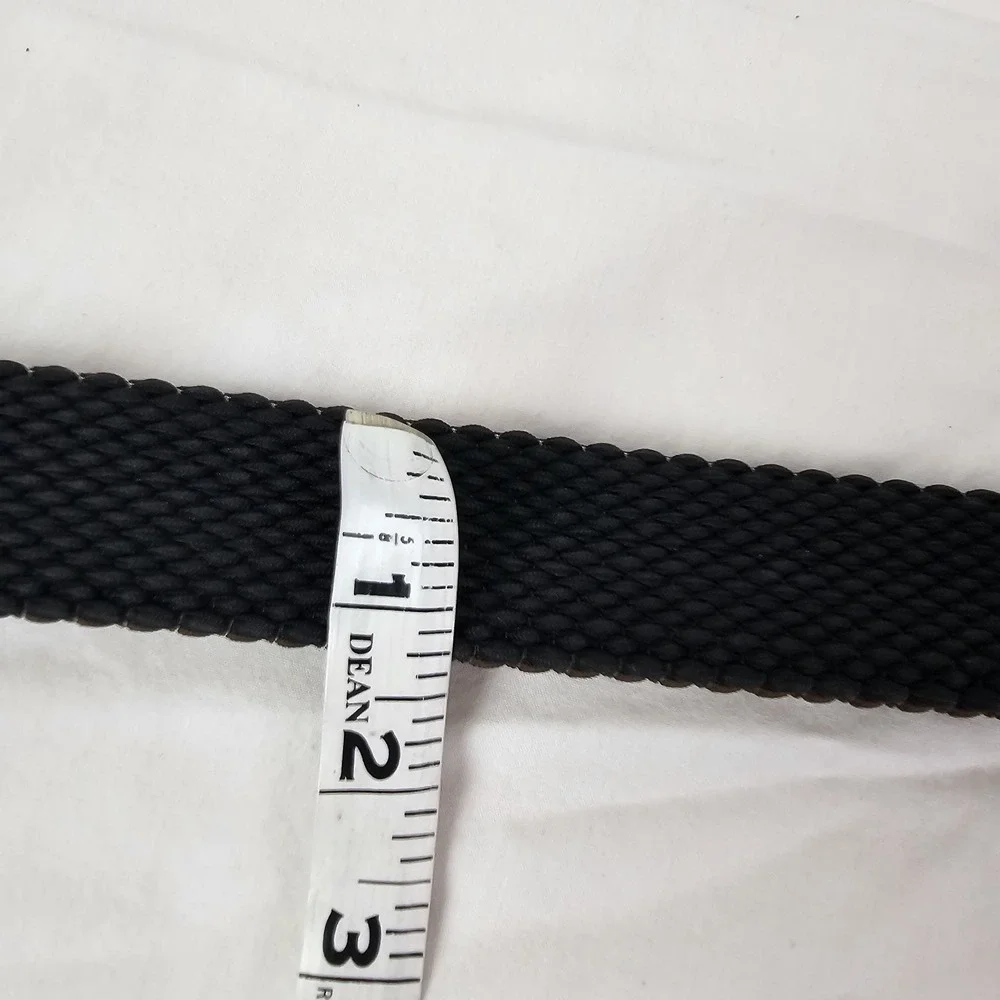TOMMY BAHAMA Mens L XL Braided Cotton Woven Black Leather Trim Belt Silver Work